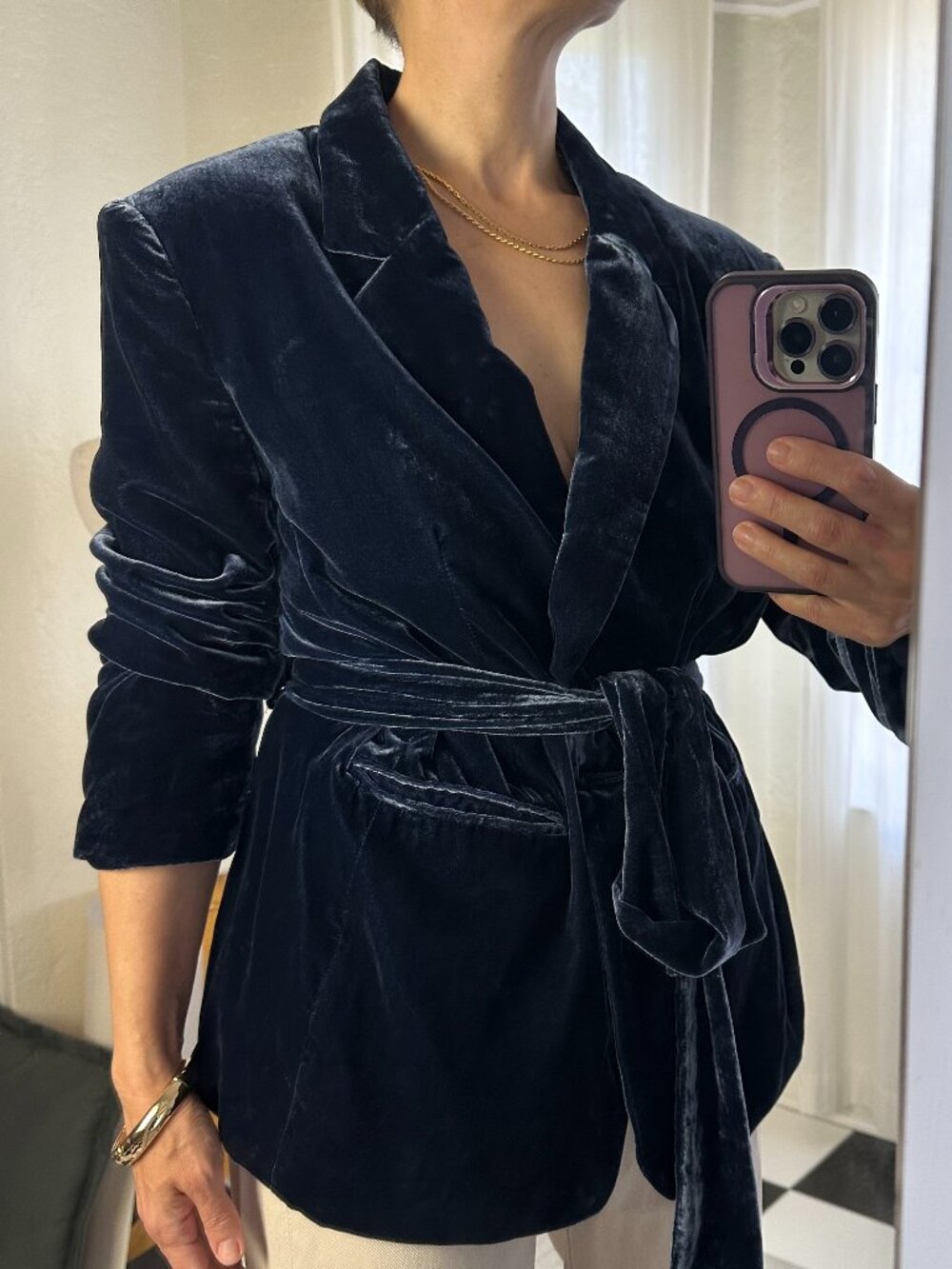 LOFT Velvet Belted Modern Blazer Navy Blue Size 8 NWOT